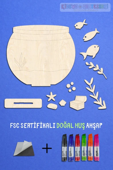 KİDEWO Akvaryum Ahşap Boyama Etkinlik Seti + Eğitici Çocuk Aktivite + Keçeli Kalem Kreş Okul Öncesi - 2