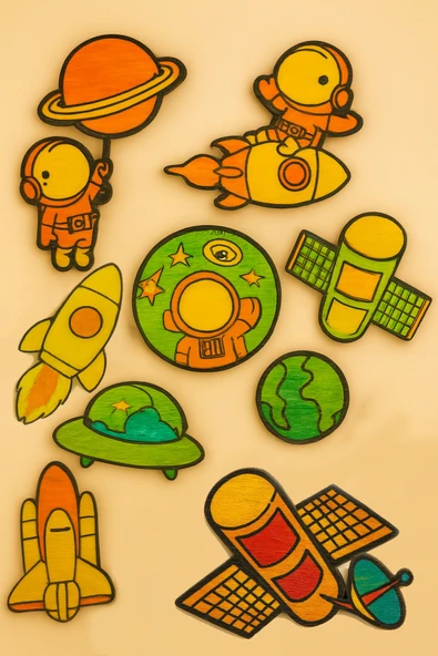 KİDEWO Uzay Roket Ahşap Boyama Etkinlik Seti Eğitici Çocuk Aktivite + Fırça + Akrilik Boya Kreş Okul Öncesi