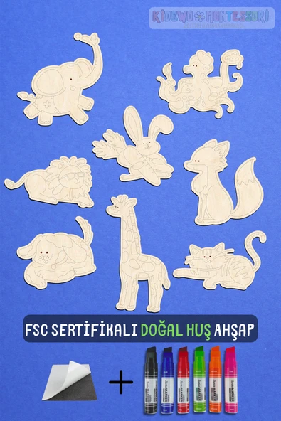 KİDEWO Hayvanlar Ahşap Boyama Etkinlik Seti Eğitici Çocuk Aktivite Keçeli Kalem Kreş Okul Öncesi - 2