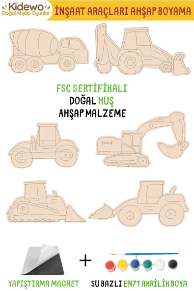 KİDEWO Çocuklar İçin Ahşap Boyama Seti | 6’lı İnşaat Makinaları | Huş Ağacı | Akrilik Boya, Fırça ve Magnet - 4