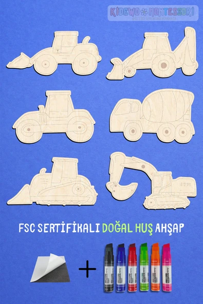 KİDEWO İnşaat Ahşap Boyama Etkinlik Seti + Eğitici Çocuk Aktivite Keçeli Kalem Kreş Okul Öncesi - 2