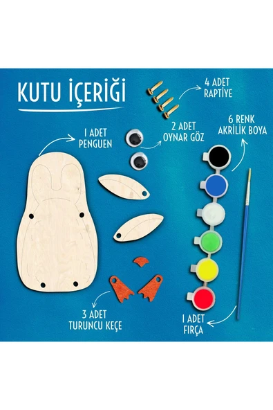 KİDEWO Penguen Ahşap Boyama Etkinlik Seti + Eğitici Çocuk Aktivite + Fırça + Akrilik Boya Kreş Okul Öncesi - 3