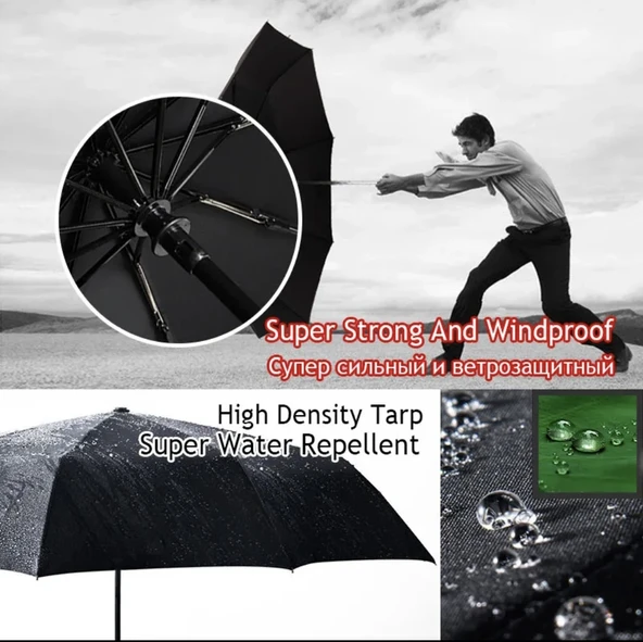 Deri Sap Lux Tam Otomatik 8 Telli Erkek Şemsiye Kısa Baston Şemsiye - Resim 6