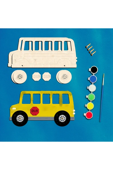 KİDEWO Otobüs Ahşap Boyama Etkinlik Seti + Eğitici Çocuk Aktivite + Keçeli Kalem Kreş Okul Öncesi