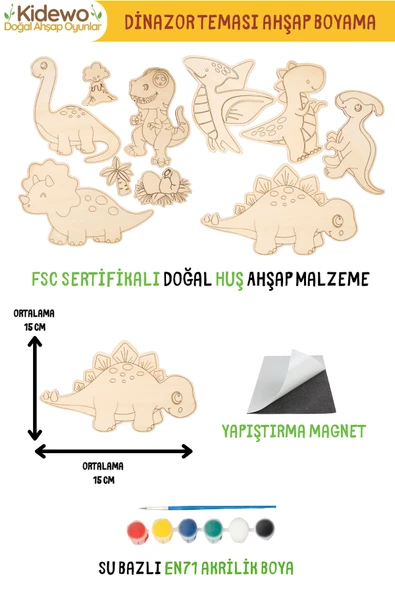 KİDEWO Dinazorlar Ahşap Boyama Etkinlik Seti + Eğitici Çocuk Aktivite + Fırça Akrilik Boya Kreş Okul Öncesi - 4