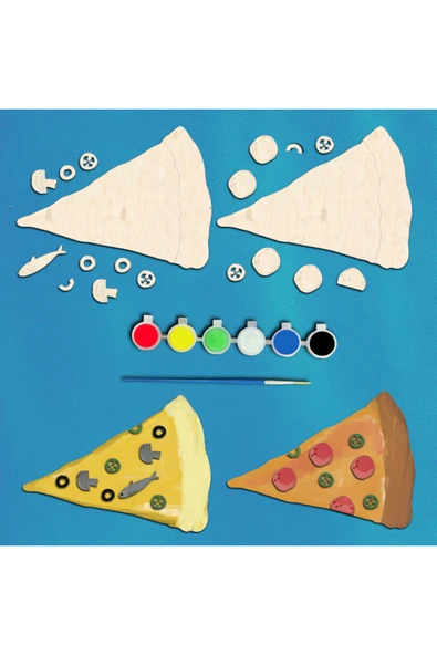 KİDEWO Pizza Ahşap Boyama Etkinlik Seti + Eğitici Çocuk Aktivite + Fırça + Akrilik Boya Kreş Okul Öncesi