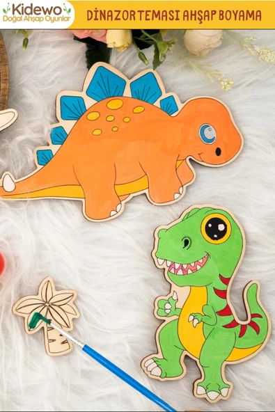 KİDEWO Dinazorlar Ahşap Boyama Etkinlik Seti + Eğitici Çocuk Aktivite + Fırça Akrilik Boya Kreş Okul Öncesi - 3
