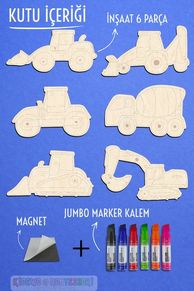 KİDEWO İnşaat Ahşap Boyama Etkinlik Seti + Eğitici Çocuk Aktivite Keçeli Kalem Kreş Okul Öncesi - 4
