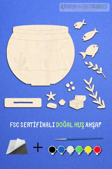 KİDEWO Akvaryum Ahşap Boyama Etkinlik Seti + Eğitici Çocuk Aktivite + Fırça + Akrilik Boya Kreş Okul Öncesi - 2