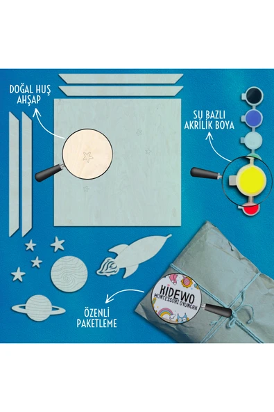 KİDEWO Dünya Uzay Ahşap Boyama Etkinlik Seti Eğitici Çocuk Aktivite Parmak Boya Kreş Okul Öncesi - 3