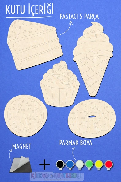 KİDEWO Pastacı Ahşap Boyama Etkinlik Seti + Eğitici Çocuk Aktivite Parmak Boya Kreş Okul Öncesi - 4