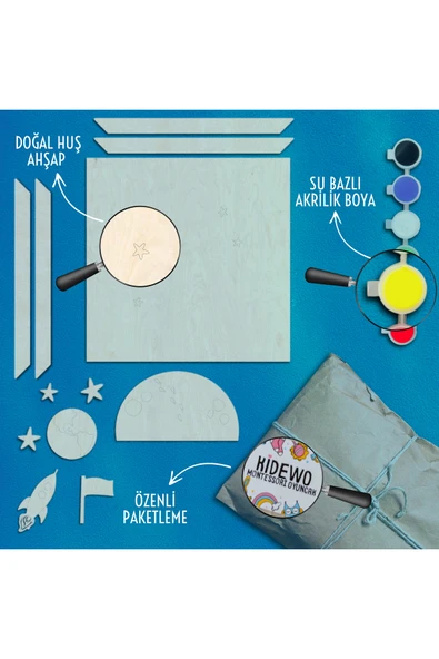 KİDEWO Ay Uzay Ahşap Boyama Etkinlik Seti + Eğitici Çocuk Aktivite Parmak Boya Kreş Okul Öncesi - 3