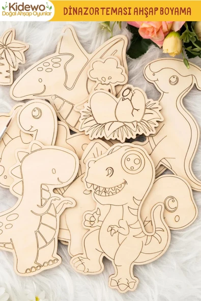KİDEWO Dinazorlar Ahşap Boyama Etkinlik Seti + Eğitici Çocuk Aktivite + Fırça Akrilik Boya Kreş Okul Öncesi - 2