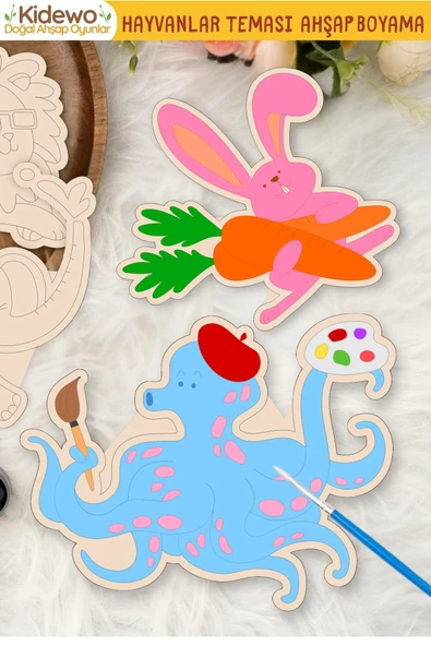 KİDEWO Hayvanlar Ahşap Boyama Etkinlik Seti + Eğitici Çocuk Aktivite + Fırça Akrilik Boya Kreş Okul Öncesi - 2