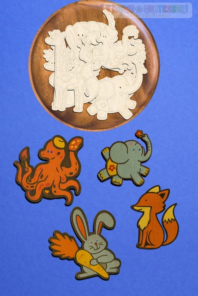 KİDEWO Hayvanlar Ahşap Boyama Etkinlik Seti Eğitici Çocuk Aktivite Kreş Okul Öncesi Boya Fırça Dahil Değil - 3