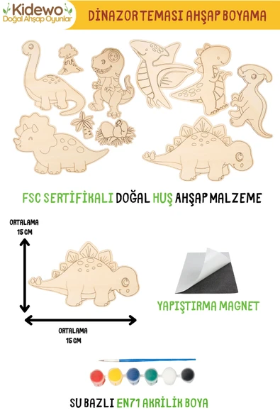 KİDEWO Dinazorlar Ahşap Boyama Etkinlik Seti 20’li Eğitici Çocuk Aktivite Kreş Anaokulu Okul Öncesi - 4