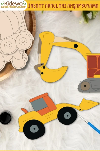 KİDEWO Çocuklar İçin Ahşap Boyama Seti | 6’lı İnşaat Makinaları | Huş Ağacı | Akrilik Boya, Fırça ve Magnet - 2