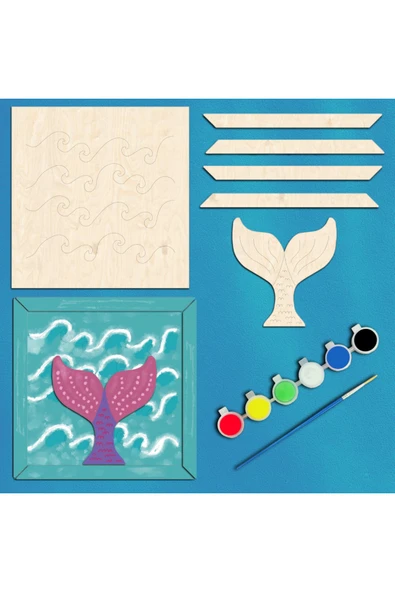 KİDEWO Deniz Kızı Ahşap Boyama Etkinlik Seti Eğitici Çocuk Aktivite Kreş Okul Öncesi Boya Fırça Dahil Değil