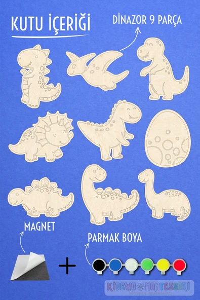 KİDEWO Dinazorlar Ahşap Boyama Etkinlik Seti Eğitici Çocuk Aktivite Parmak Boya Kreş Okul Öncesi - 4