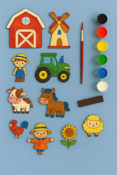 KİDEWO Çitflik Hayvan Ahşap Boyama ve Etkinlik Seti Eğitici Çocuk Aktivite, Fırça Akrilik Boya, Okul Öncesi