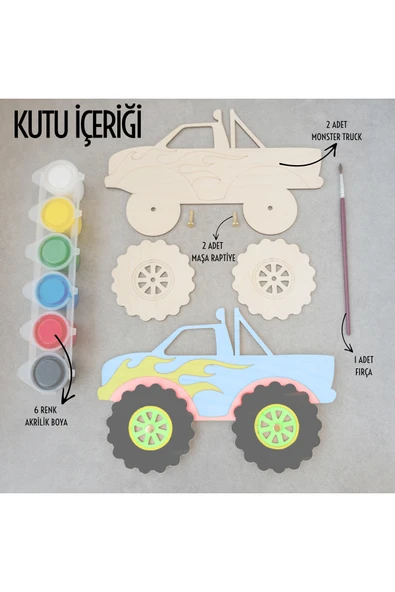 KİDEWO Ahşap Monster Truck Boyama ve Oyun Seti – Kendin Yap Akrilik Boya Çocuk Etkinlik Kiti - 5