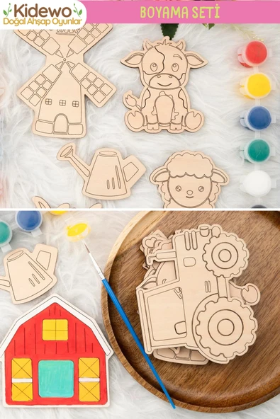 KİDEWO Çiftlik Ahşap Boyama Etkinlik Seti + Eğitici Çocuk Aktivite + Fırça + Akrilik Boya Kreş Okul Öncesi - 3