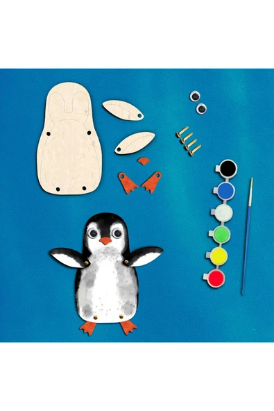 KİDEWO Penguen Ahşap Boyama Etkinlik Seti + Eğitici Çocuk Aktivite + Fırça + Akrilik Boya Kreş Okul Öncesi