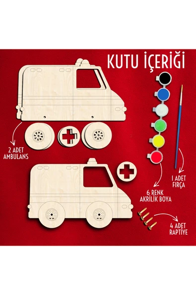 KİDEWO Ambulans Ahşap Boyama Etkinlik Seti + Eğitici Çocuk Aktivite Keçeli Kalem Kreş Okul Öncesi - 2