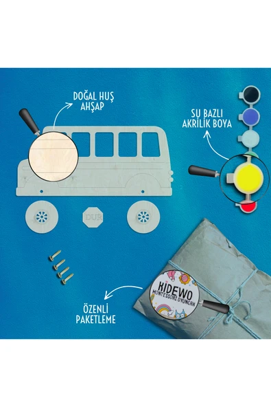 KİDEWO Otobüs Ahşap Boyama Etkinlik Seti + Eğitici Çocuk Aktivite + Keçeli Kalem Kreş Okul Öncesi - 4