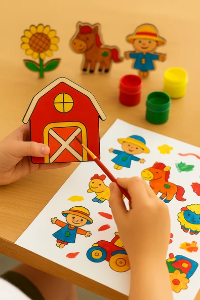 KİDEWO Çitflik Hayvan Ahşap Boyama ve Etkinlik Seti Eğitici Çocuk Aktivite, Fırça Akrilik Boya, Okul Öncesi - 3