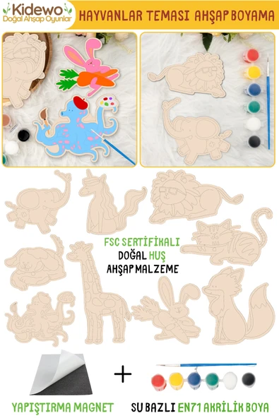 KİDEWO Hayvanlar Ahşap Boyama Etkinlik Seti 20’li Eğitici Çocuk Aktivite Kreş Anaokulu Okul Öncesi