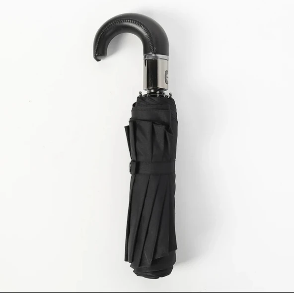 Deri Sap Lux Tam Otomatik 8 Telli Erkek Şemsiye Kısa Baston Şemsiye - Resim 2