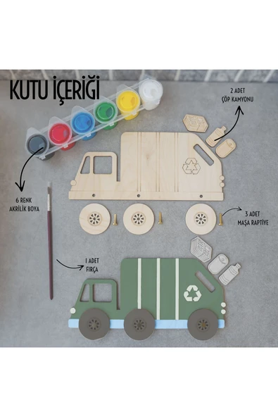 KİDEWO Çöp Kamyonu Ahşap Boyama Etkinlik Seti Eğitici Çocuk Aktivite Parmak Boya Kreş Okul Öncesi - 4
