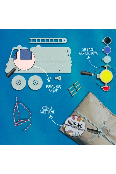 KİDEWO İtfaiye Ahşap Boyama Etkinlik Seti + Eğitici Çocuk Aktivite Parmak Boya Kreş Okul Öncesi - 4
