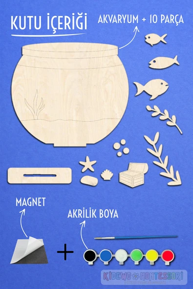 KİDEWO Akvaryum Ahşap Boyama Etkinlik Seti + Eğitici Çocuk Aktivite + Fırça + Akrilik Boya Kreş Okul Öncesi - 4