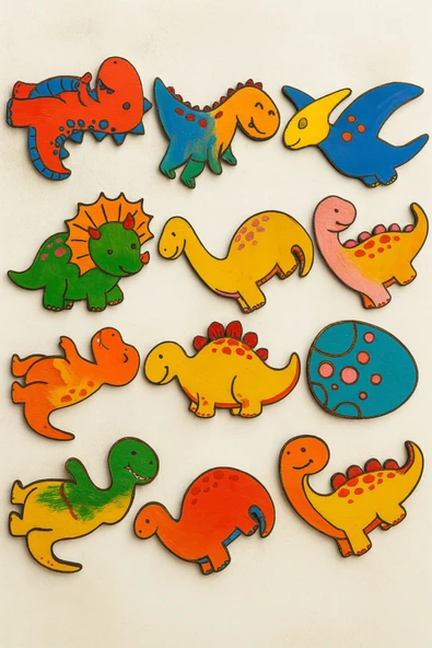 KİDEWO Dinazorlar Ahşap Boyama Etkinlik Seti + Eğitici Çocuk Aktivite + Fırça Akrilik Boya Kreş Okul Öncesi