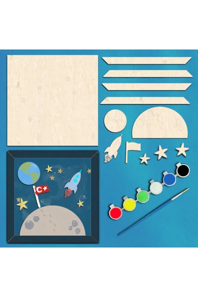 KİDEWO Ay Uzay Ahşap Boyama Etkinlik Seti + Eğitici Çocuk Aktivite Kreş Okul ÖncesiBoy Fırça Dahil Değil
