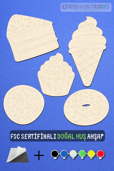 KİDEWO Pastacı Ahşap Boyama Etkinlik Seti + Eğitici Çocuk Aktivite Parmak Boya Kreş Okul Öncesi - 2