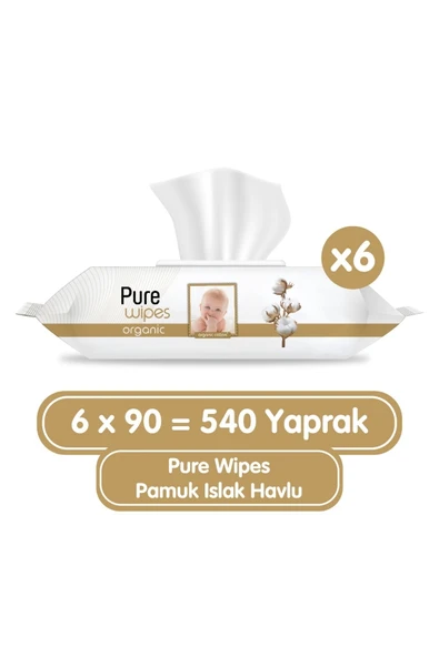 Pure Baby Wipes Pamuklu Organic Islak Mendil 90' lı 6 Paket 540 Yaprak ürün görseli