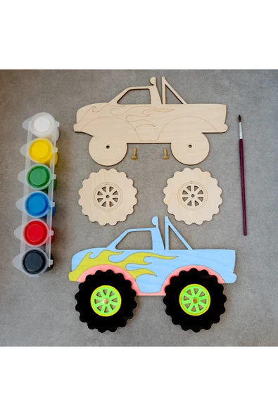 KİDEWO Ahşap Monster Truck Boyama ve Oyun Seti – Kendin Yap Akrilik Boya Çocuk Etkinlik Kiti