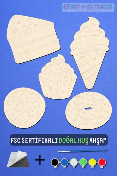 KİDEWO Pastacı Ahşap Boyama Etkinlik Seti + Eğitici Çocuk Aktivite + Fırça + Akrilik Boya Kreş Okul Öncesi - 2