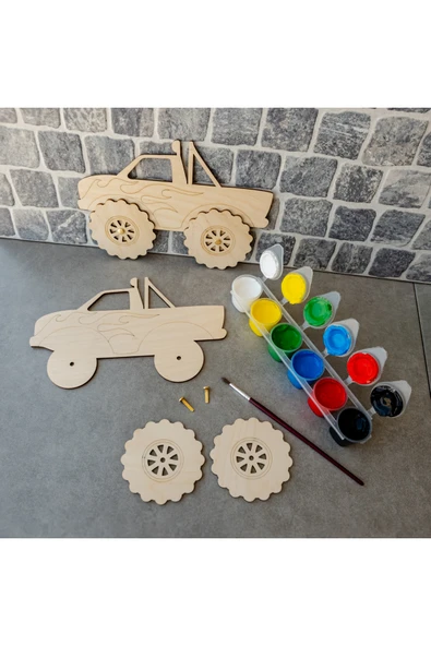 KİDEWO Kamyon Jip Ahşap Boyama Etkinlik Seti Eğitici Çocuk Aktivite Keçeli Kalem Kreş Okul Öncesi - 2