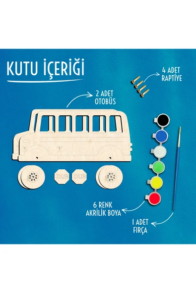 KİDEWO Otobüs Ahşap Boyama Etkinlik Seti + Eğitici Çocuk Aktivite + Fırça + Akrilik Boya Kreş Okul Öncesi - 3