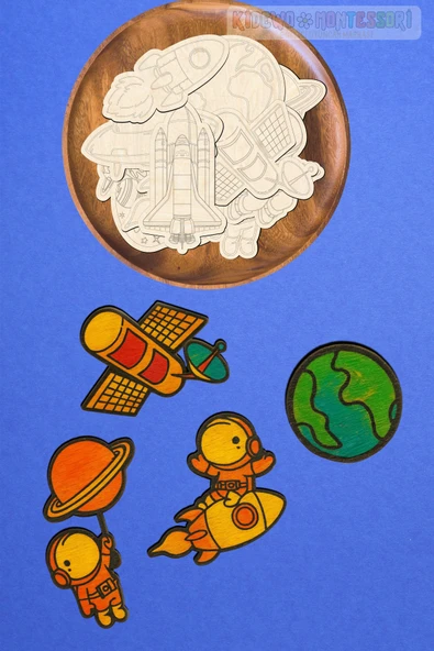 KİDEWO Uzay Roket Ahşap Boyama Etkinlik Seti Eğitici Çocuk Aktivite Parmak Boya Kreş Okul Öncesi - 4