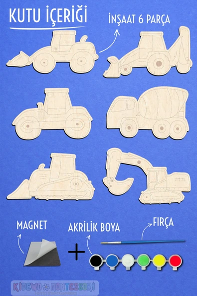 KİDEWO İnşaat Ahşap Boyama Etkinlik Seti + Eğitici Çocuk Aktivite + Fırça + Akrilik Boya Kreş Okul Öncesi - 4