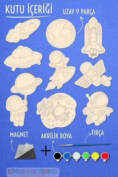 KİDEWO Uzay Roket Ahşap Boyama Etkinlik Seti Eğitici Çocuk Aktivite + Fırça + Akrilik Boya Kreş Okul Öncesi - 3