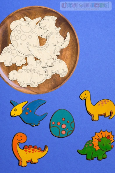 KİDEWO Dinazorlar Ahşap Boyama Etkinlik Seti Eğitici Çocuk Aktivite Kreş Okul Öncesi Boya Fırça Dahil Değil - 3