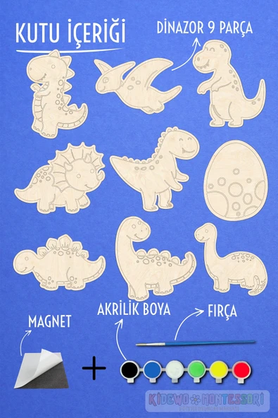 KİDEWO Dinazorlar Ahşap Boyama Etkinlik Seti + Eğitici Çocuk Aktivite + Fırça Akrilik Boya Kreş Okul Öncesi - 4