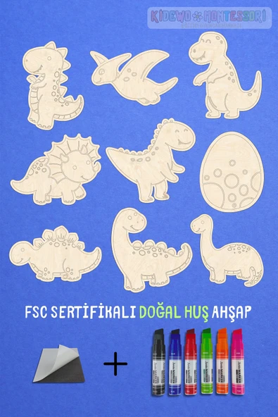 KİDEWO Dinazorlar Ahşap Boyama Etkinlik Seti Eğitici Çocuk Aktivite Keçeli Kalem Kreş Okul Öncesi - 2