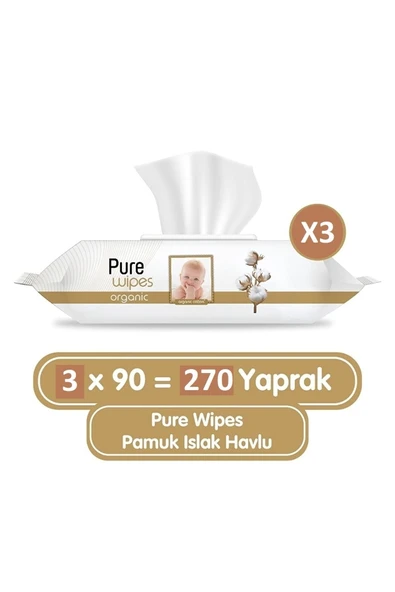 Pure Baby Wet Wipes Organic Cotton Bebek Islak Mendili 90'lı 3 Paket (90x3) 270 Yaprak - Resim 2